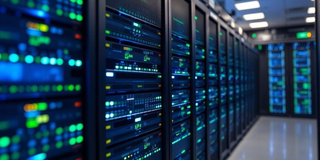 O Que é Kubernetes? 2 Sala de servidores moderna com luzes LED.