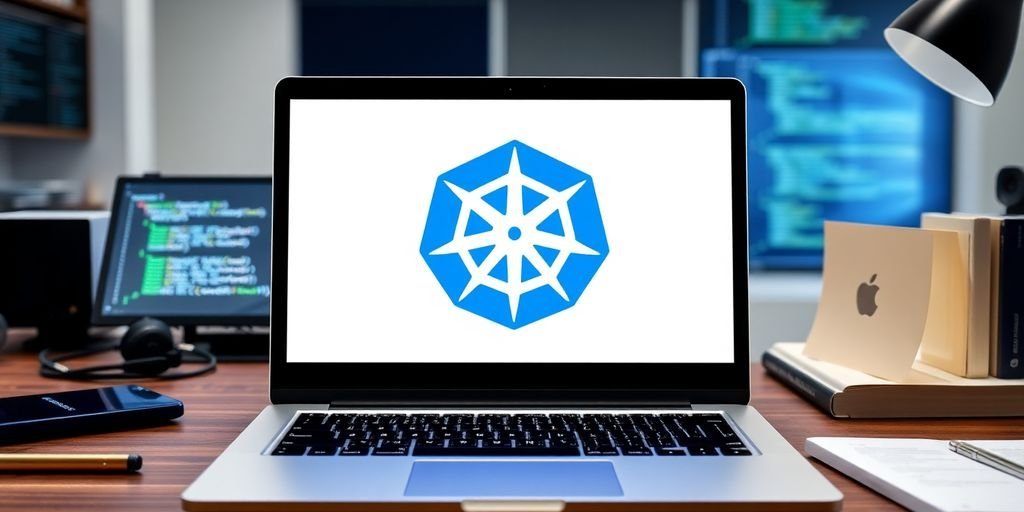 O Que é Kubernetes? 3 Logotipo do Kubernetes em um laptop moderno.