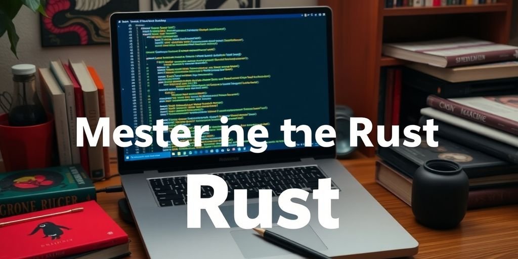 Aprender Rust: Guia Completo 1 Imagem de um laptop com código e livros de programação.