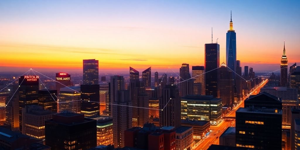 O Futuro do Blockchain no Setor Público: O Que Esperar 1 Cidade moderna com conexões digitais ao entardecer.