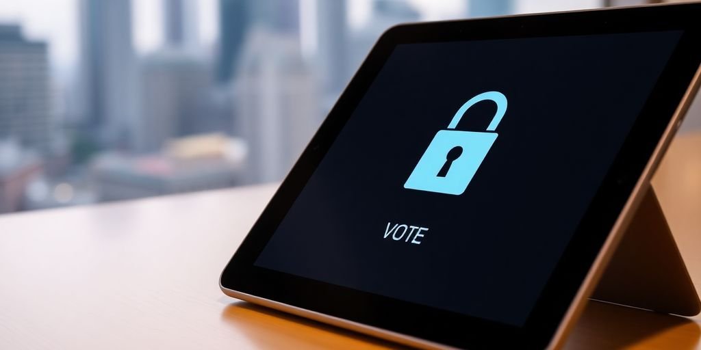 O Futuro da Votação Digital com Blockchain: O Que Esperar em 2025 1 Interface de votação digital em um tablet moderno.