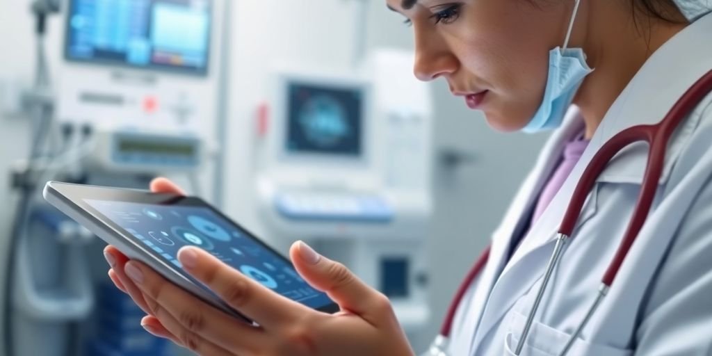 5 Desafios do Blockchain na Saúde 1 Profissional de saúde com tablet digital em ambiente médico.
