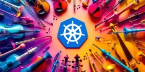 Logotipo do Kubernetes com instrumentos musicais ao redor.