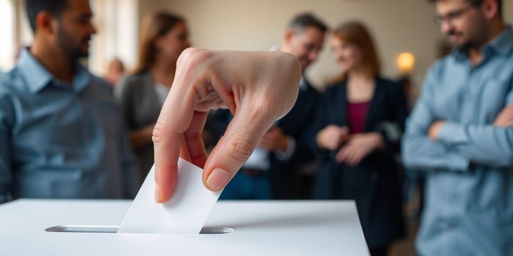 Blockchain e Métodos de Votação: 4 Comparações 3 Mão colocando voto em uma urna eleitoral.