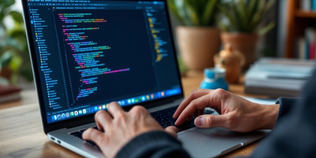 Mãos de programador digitando em um laptop.