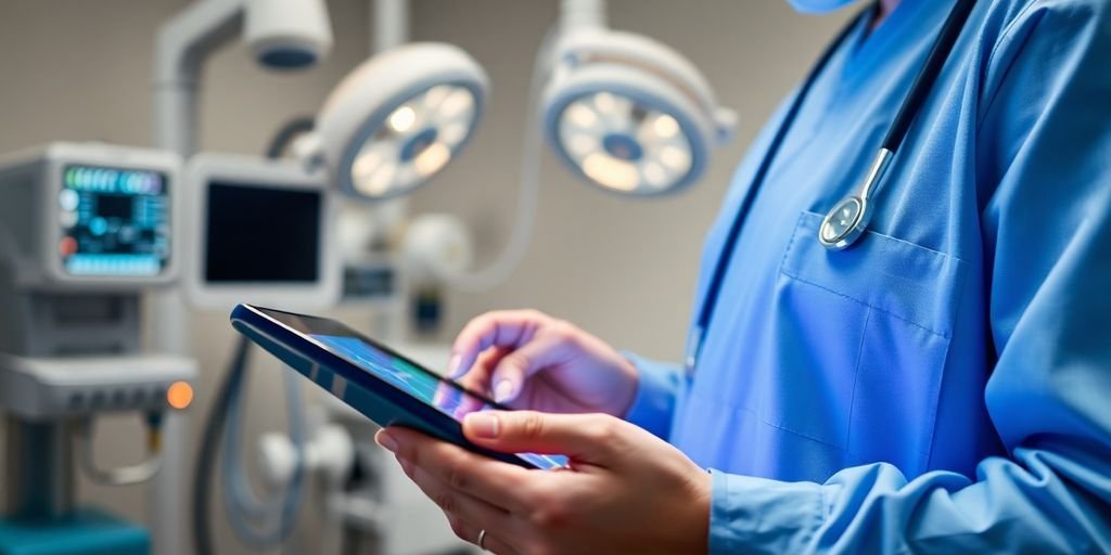 5 Desafios do Blockchain na Saúde 3 Profissional de saúde com tablet e tecnologia blockchain.