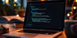 Imagem de um laptop com código Rust na tela.