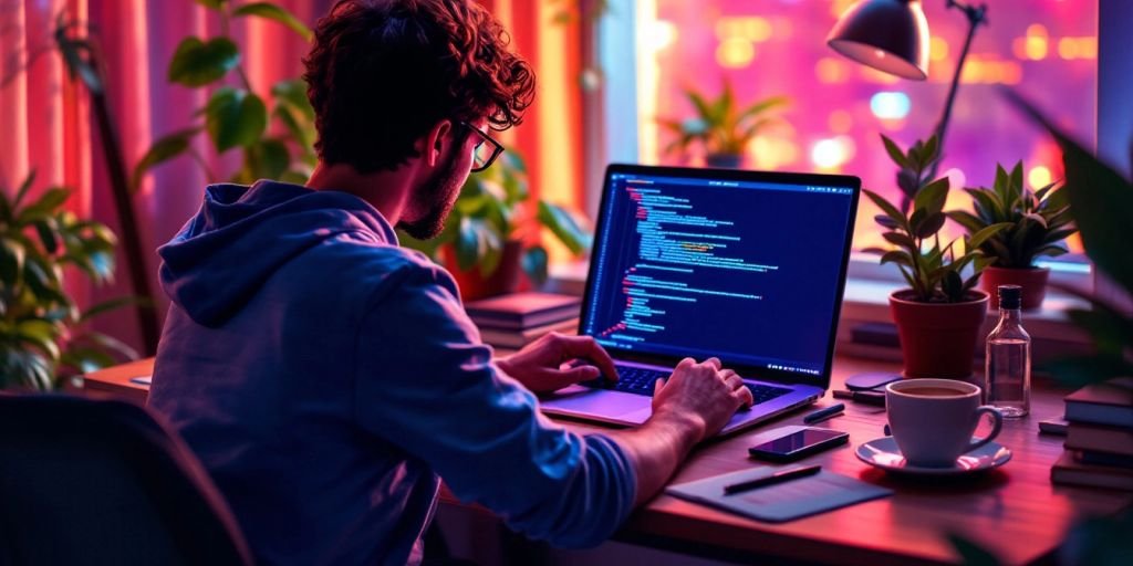 Programador codificando em Rust com laptop e livros.