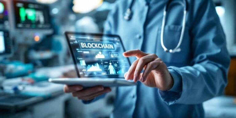 Profissional de saúde com tablet em ambiente hospitalar.