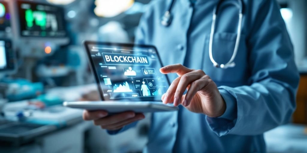 Profissional de saúde com tablet em ambiente hospitalar.