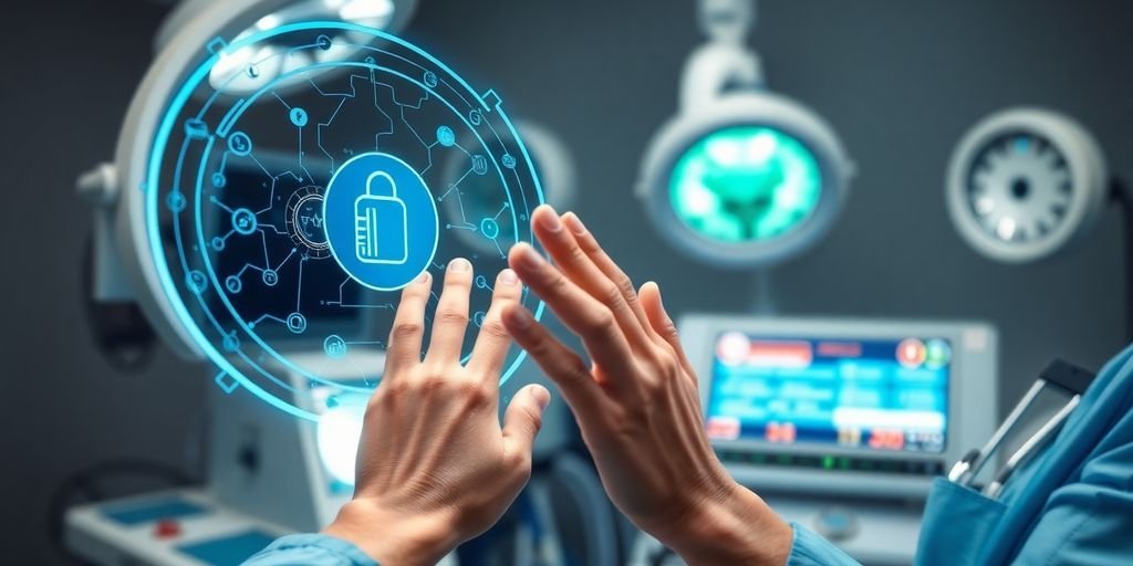 O Futuro do Blockchain na Saúde: O Que Esperar 3 Profissional de saúde com interface digital de blockchain.