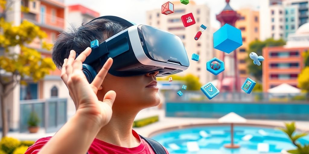 4 Formas de o Metaverso Integrar a Realidade Virtual 1 Pessoa com headset VR interagindo com elementos digitais.