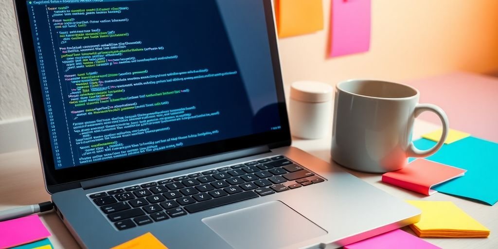 Projetos Práticos para Aprender Rust 2 Imagem de um espaço de trabalho com laptop e anotações.