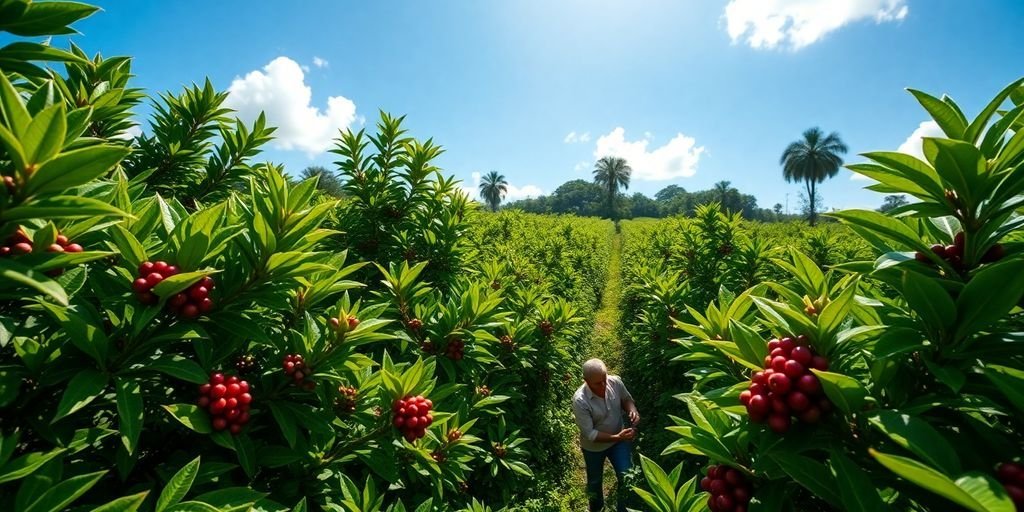 Google Cloud: 5 Casos de Sucesso 2 Fazenda de café com trabalhadores colhendo cerejas.
