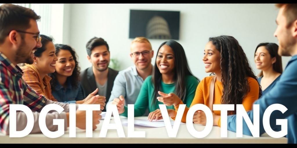 Votação Digital com Blockchain: 4 Exemplos de Sucesso 3 Grupo diverso discutindo em reunião comunitária sobre votação.