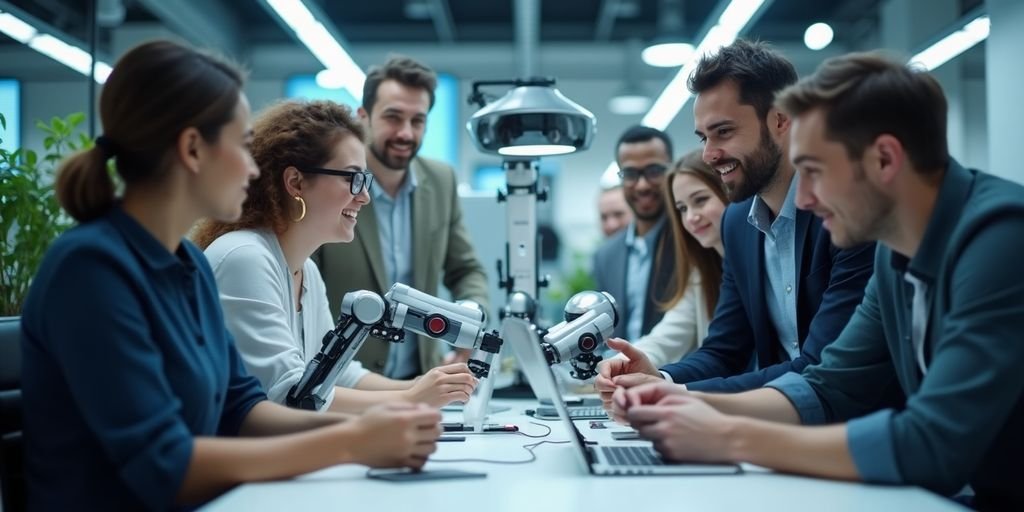 Inteligência Artificial: Futuro das Ferramentas de IA 3 Grupo diverso trabalhando com tecnologia de IA avançada.