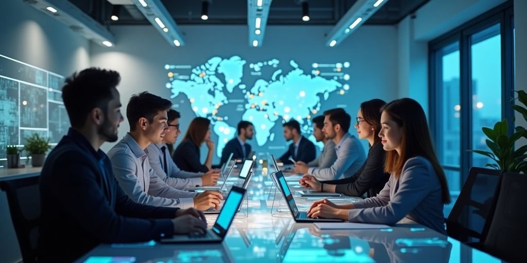 Inteligência Artificial: Ferramentas de Negócios 3 Equipamentos tecnológicos em um escritório moderno.