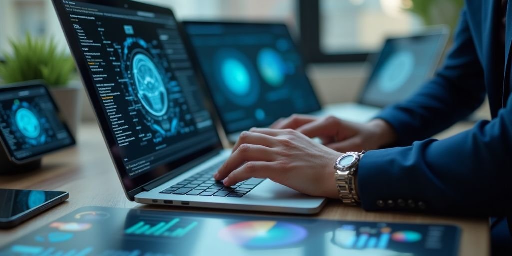 Inteligência Artificial: Como Escolher a Ferramenta certa 3 Pessoa testando ferramentas de IA em um laptop.