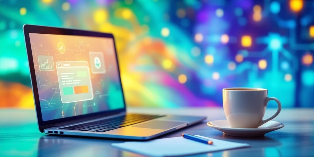 Espaço de trabalho com laptop e caderno.